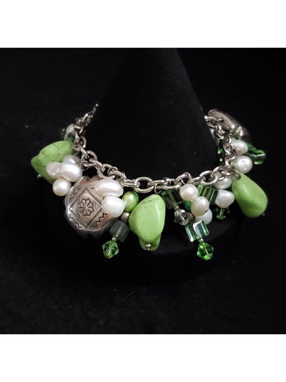 Charm Bracelet Dangle Silver Tone Green Stone Pearl Glass Southwestern 7"